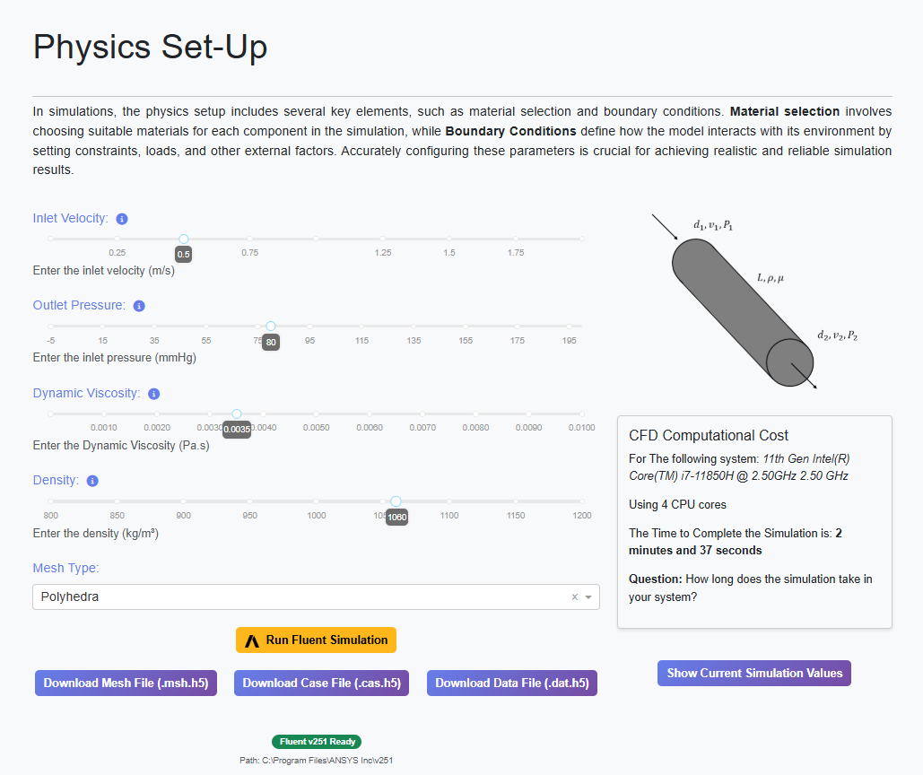 Physics setup interface where students can enter velocity inlet, pressure outlet, and material properties