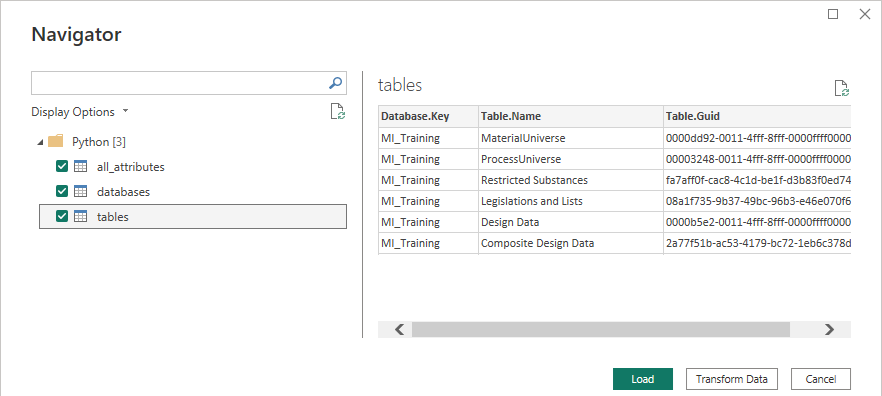 A list of Pandas DataFrame objects are shown on the left, and a preview of the "tables" DataFrame is shown on the right.