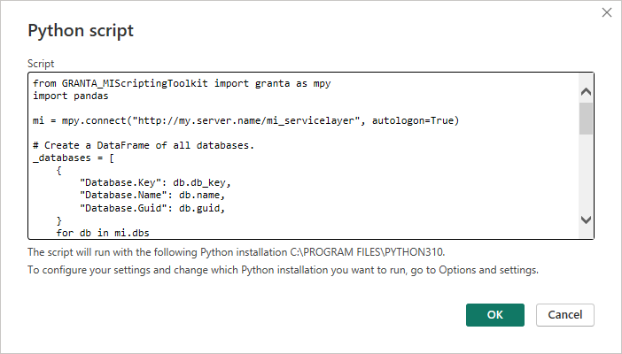 The "Script" input containing MI Scripting Toolkit Python code.