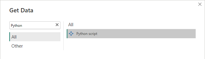 The list of data providers is filtered to show only Python, and "Python script" is selected.