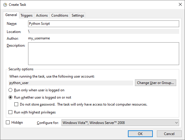 "Create Task" options, with the task configured to run as "python_user", and "Run whether user is logged on or not" selected.
