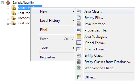 Java New Java Class Menu