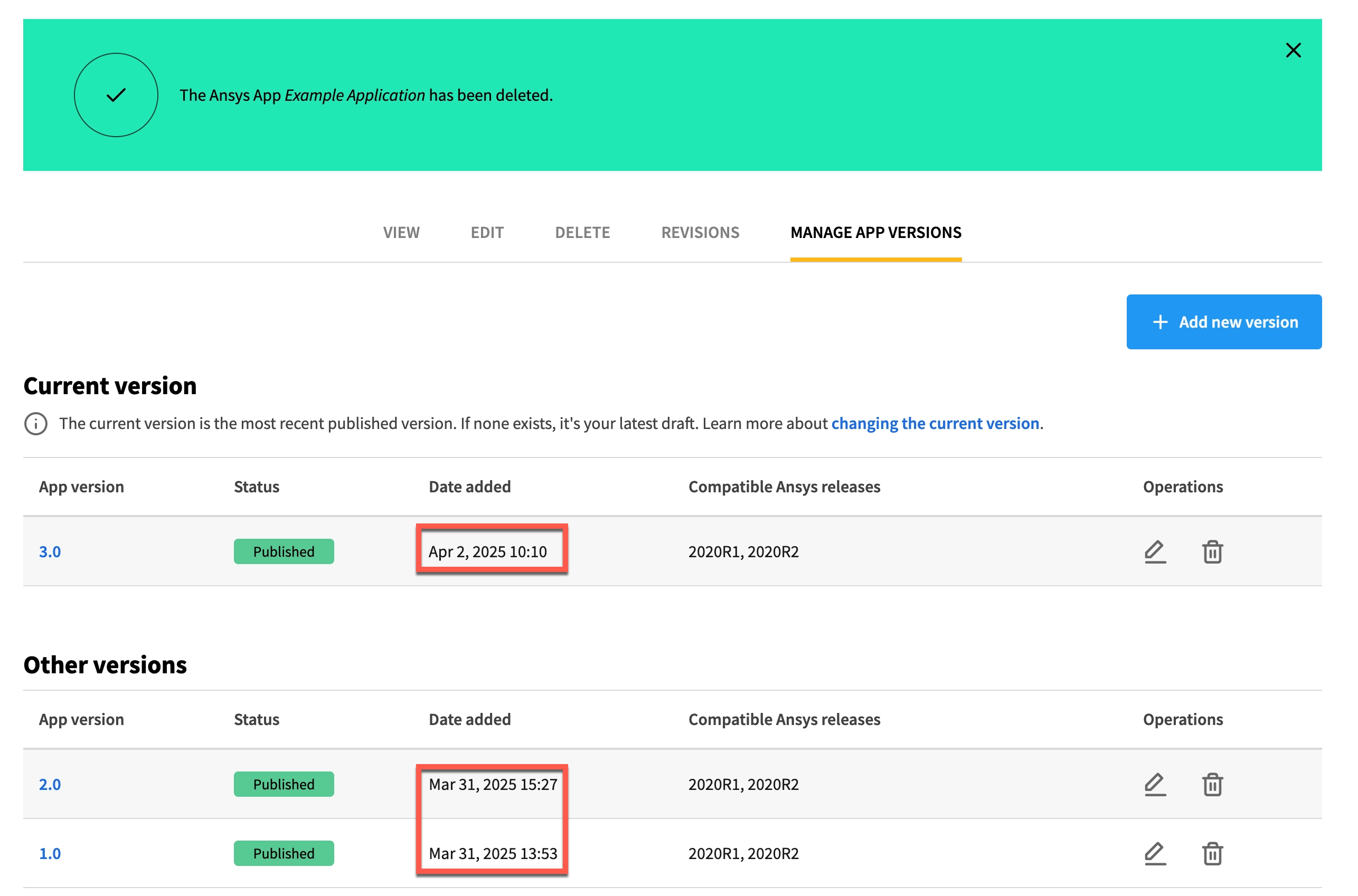 The version is deleted from the Manage app versions page