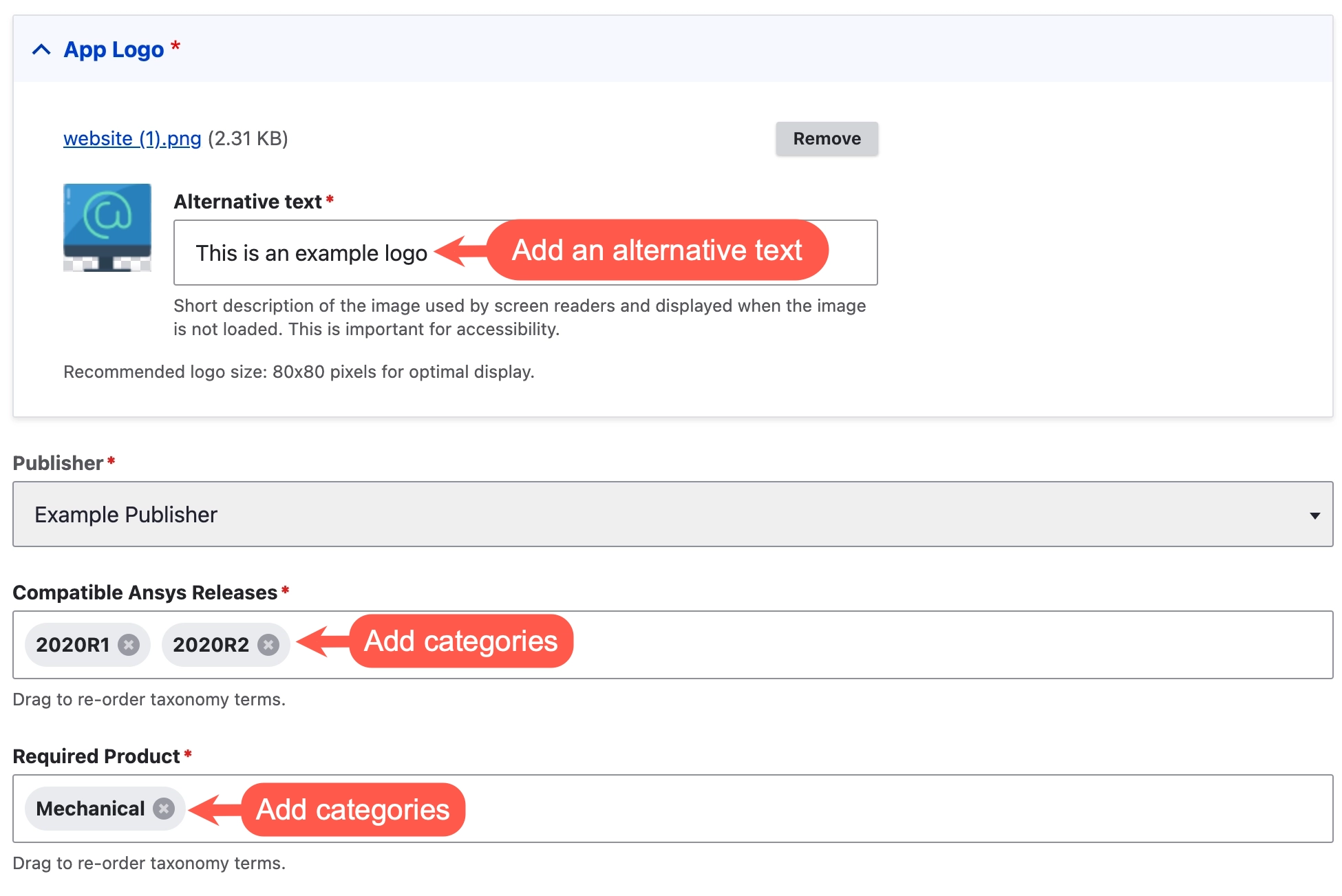 A screenshot of the edit form of an Ansys app page with the alternative text, release and product fields