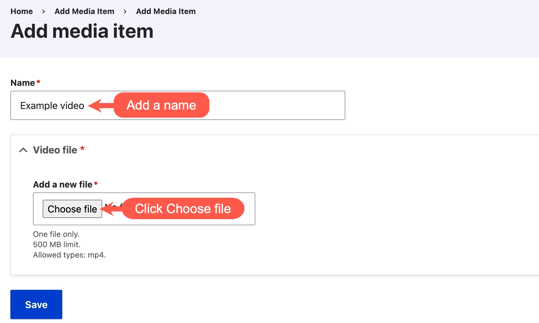A screenshot of add video edit form in the media library with the name and file upload fields