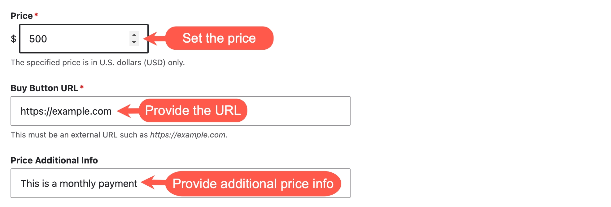 A screenshot of the edit form of an Ansys app page with the price, button, and additional info fields
