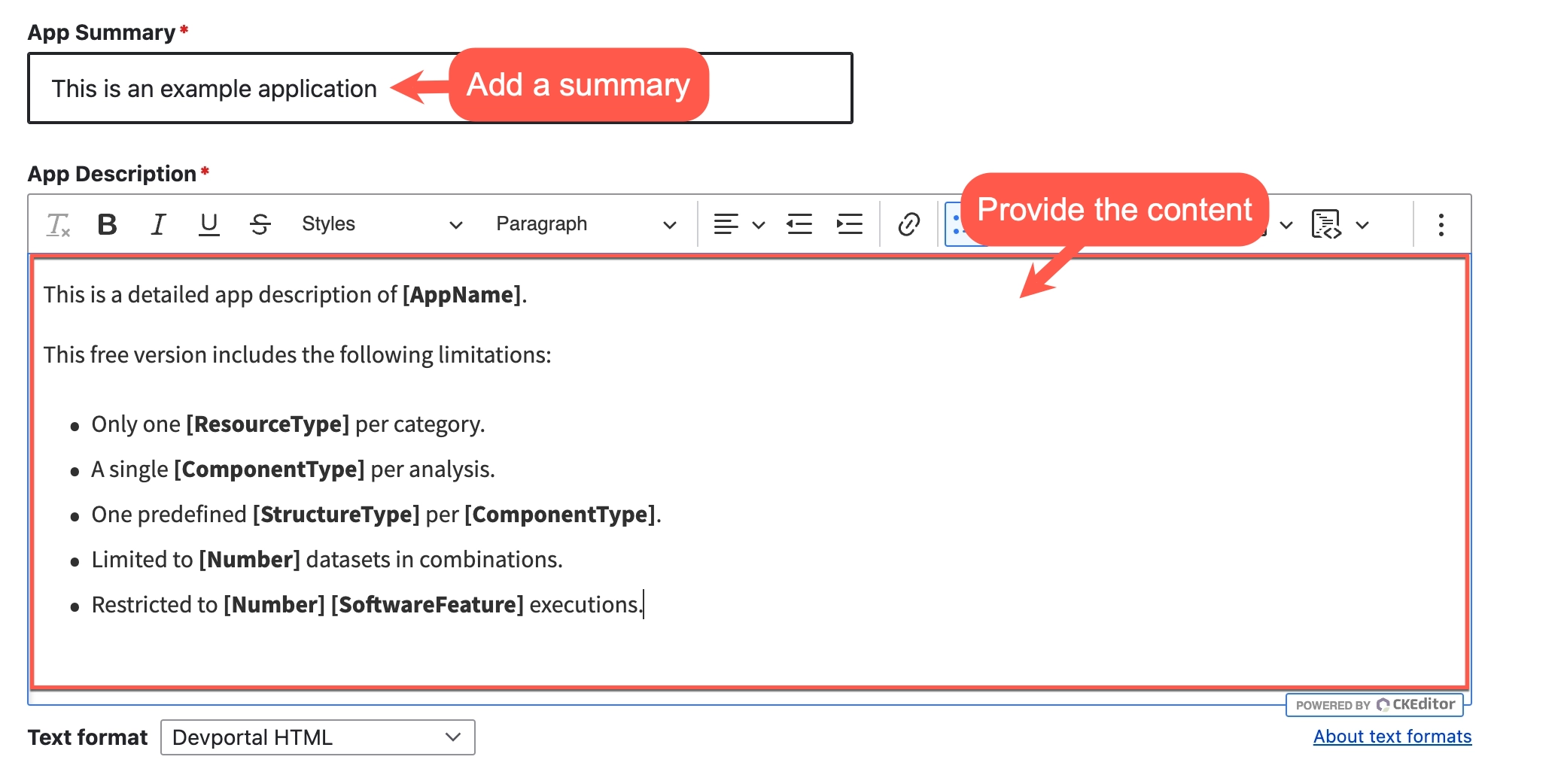 A screenshot of the edit form of an Ansys app page with the App summary and App description fields