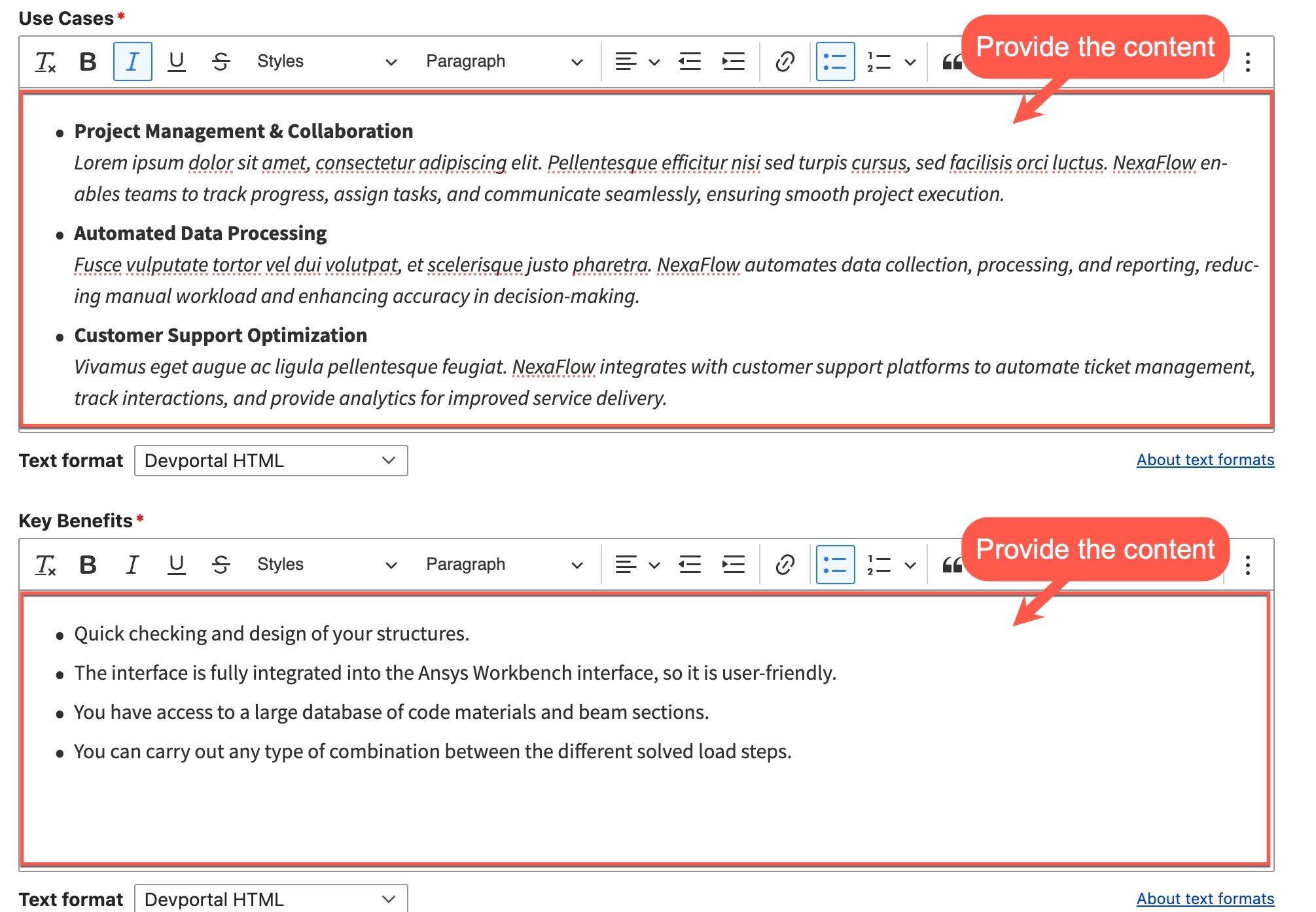 A screenshot of the edit form of an Ansys app page with the Use cases and Key benefits fields