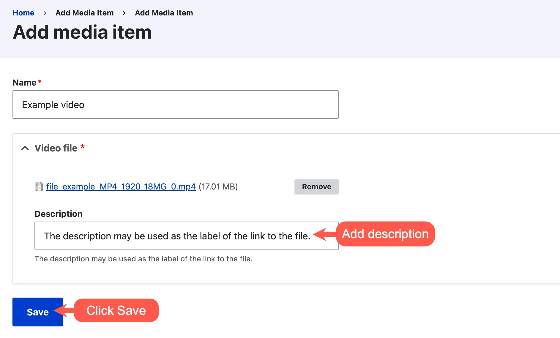 A screenshot of the video upload edit form in the media library with a video description field and the save button