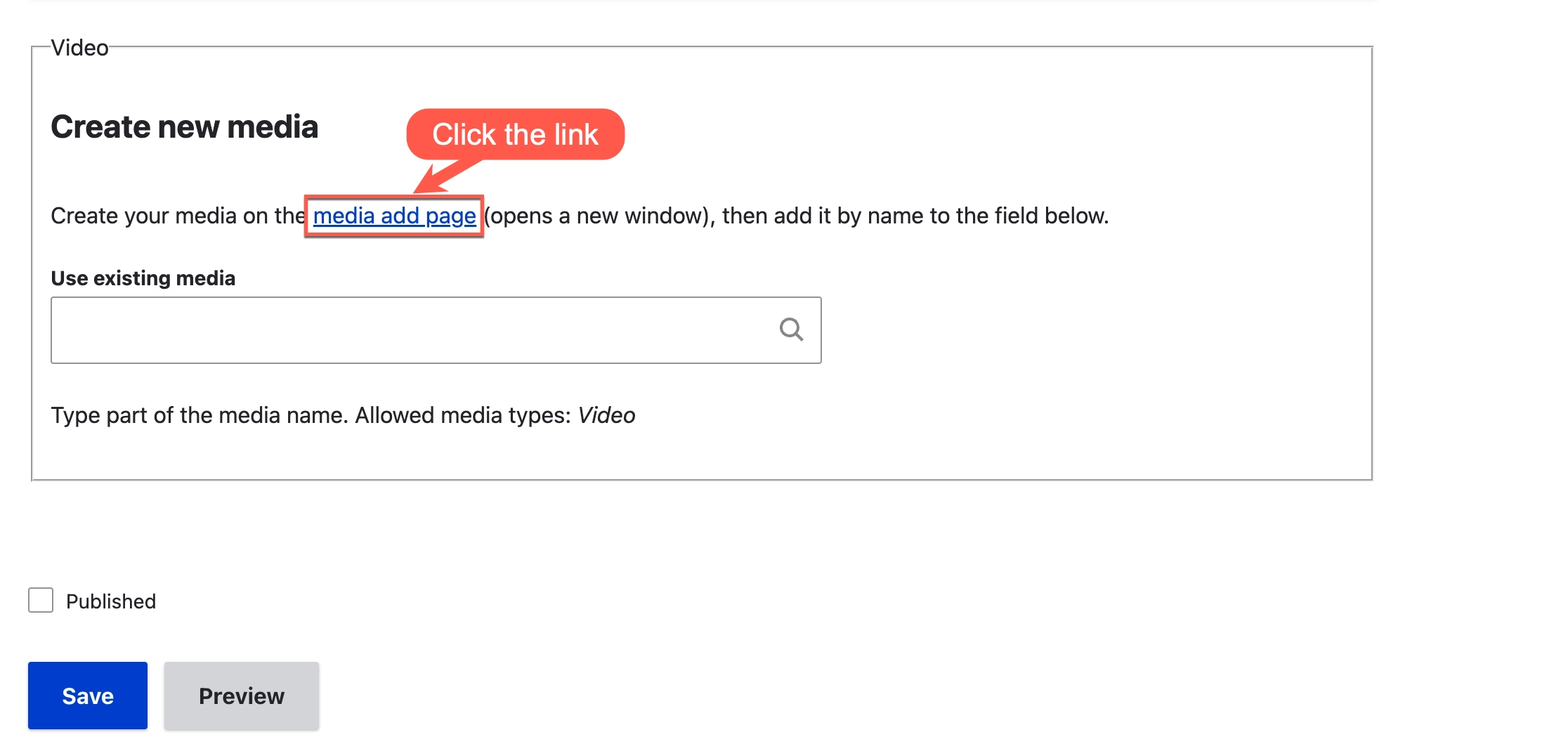 A screenshot of the edit form of an Ansys app page with the Create new media field