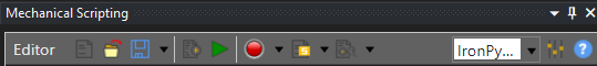 Close-up of the Mechanical Scripting toolbar: Editor controls, Run, Recording, folder, and the IronPython/CPython language dropdown