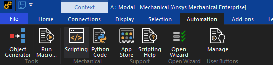 The Automation ribbon tab in Mechanical, with the Scripting, Python Code, App Store, and Scripting Help buttons highlighted