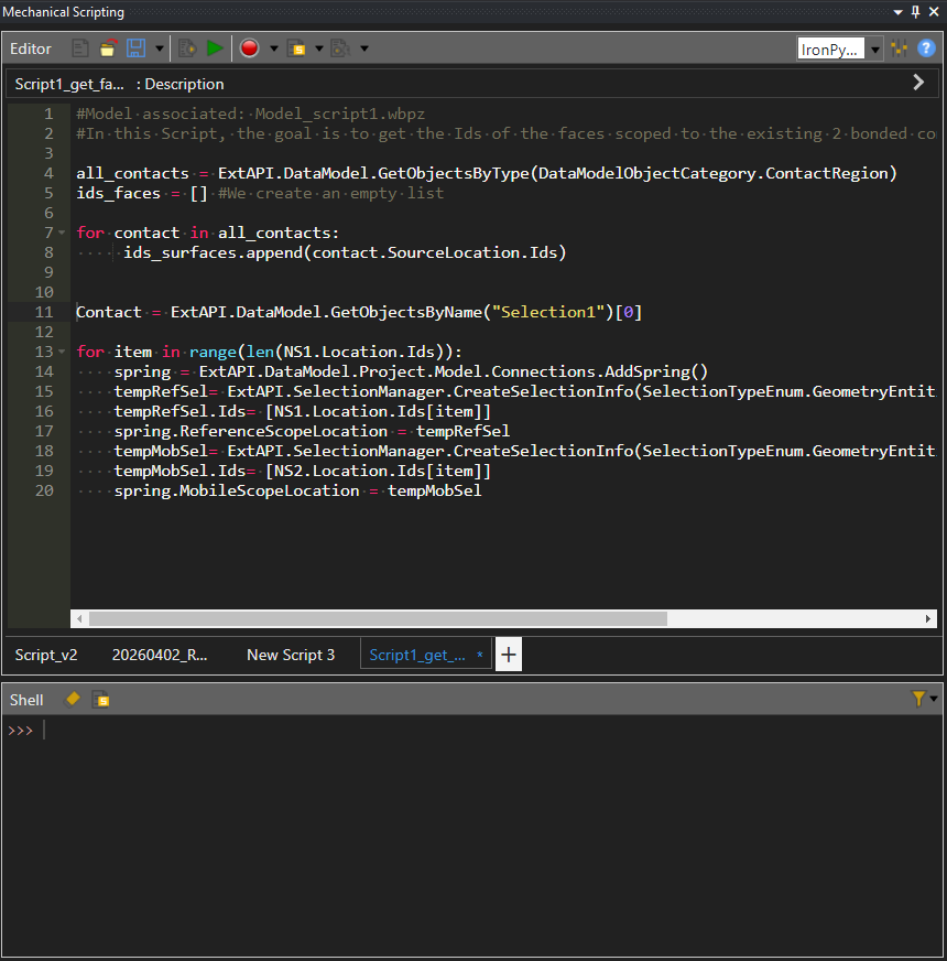 The Mechanical Scripting Console showing the Script Editor at top and Shell at bottom, with a sample script already loaded