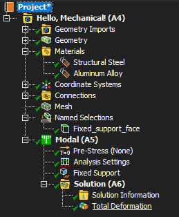 The Mechanical tree after running the script: renamed to "Hello, Mechanical! (A4)", with a Fixed Support and Total Deformation now present under Modal (A5)