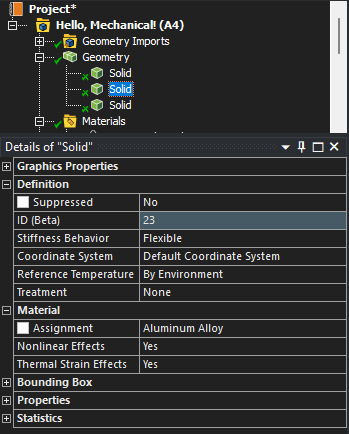 The tree with the second Solid selected, and its Details pane confirming Assignment = Aluminum Alloy