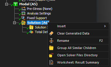Right-click context menu on the Solution object showing the "Open Solver Files Directory" option, which corresponds to WorkingDir in the script