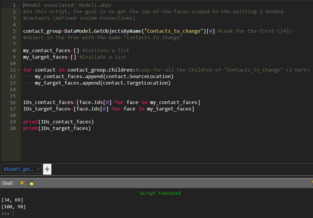 The script running in the console, with two Bonded contacts visible in the tree under Contacts_to_change and the Shell printing the resulting face ID lists