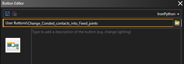 The Button Editor dialog where a name, icon, and description are set for the new button