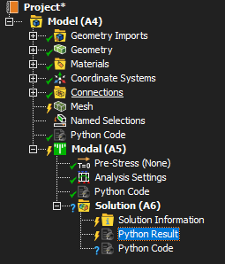 The tree showing Python Code objects inserted under the Model and under the Modal analysis, and a Python Result object under Solution