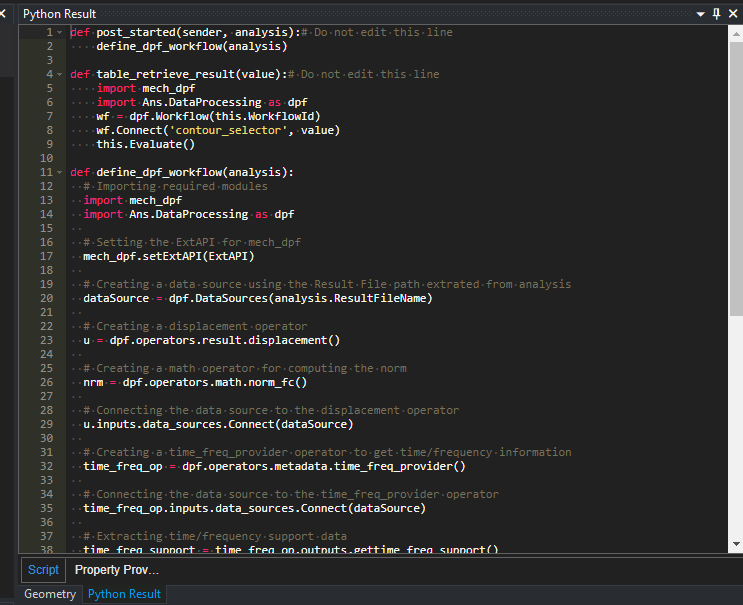 A snippet of DPF-based Python code used inside a Python Result object's Script tab to extract and process displacement results