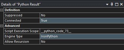 The Details pane of a Python Result object, showing its Engine Type set to IronPython and its Script Execution Scope