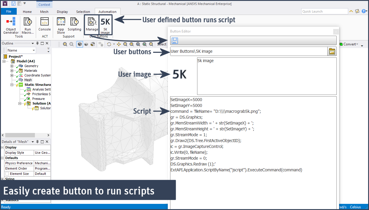 The "5K image" user button on the ribbon, with the Button Editor open alongside showing the underlying screenshot-capture script