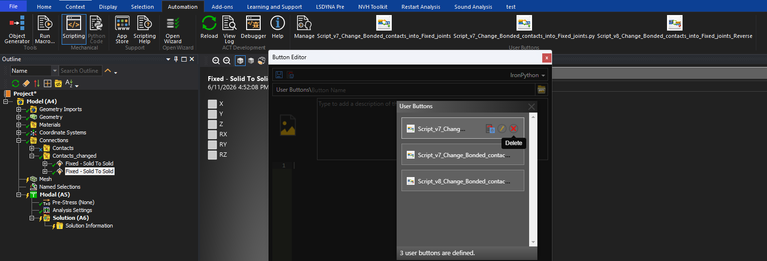 The Delete option highlighted next to one of the saved user buttons