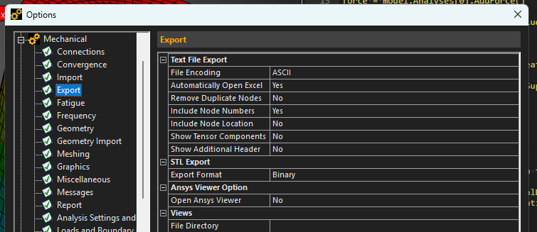 The Options dialog under Mechanical → Export, with "Include Node Numbers" set to Yes