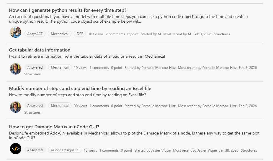 A list of recent scripting-related questions posted on the Ansys Developer Forum