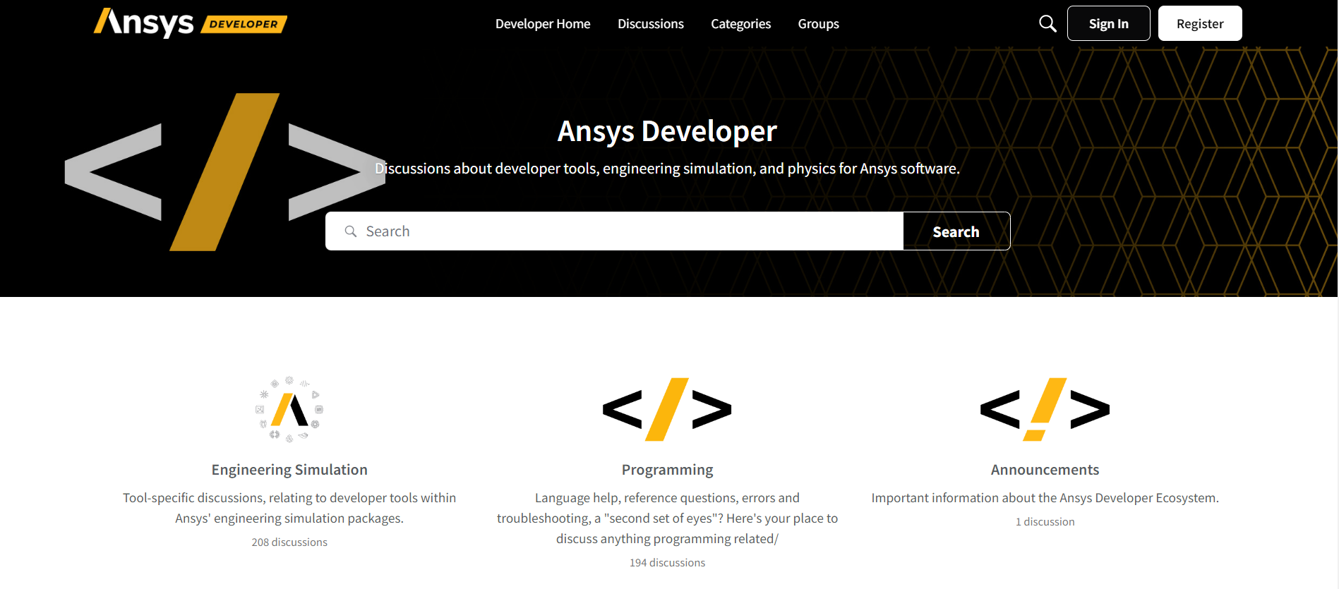 Ansys developer forum homepage screenshot