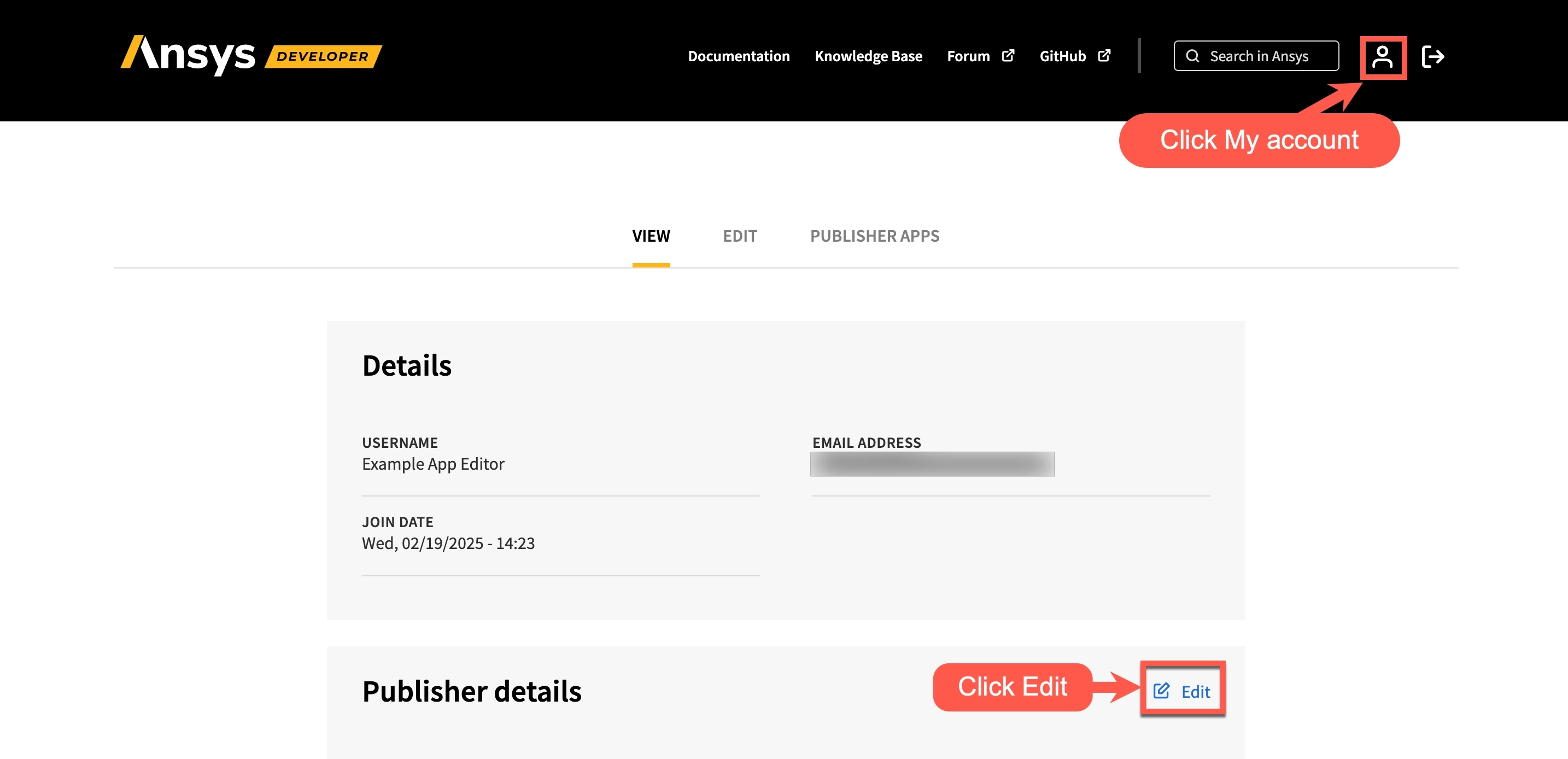 Edit button in the Publisher details section on the my account page