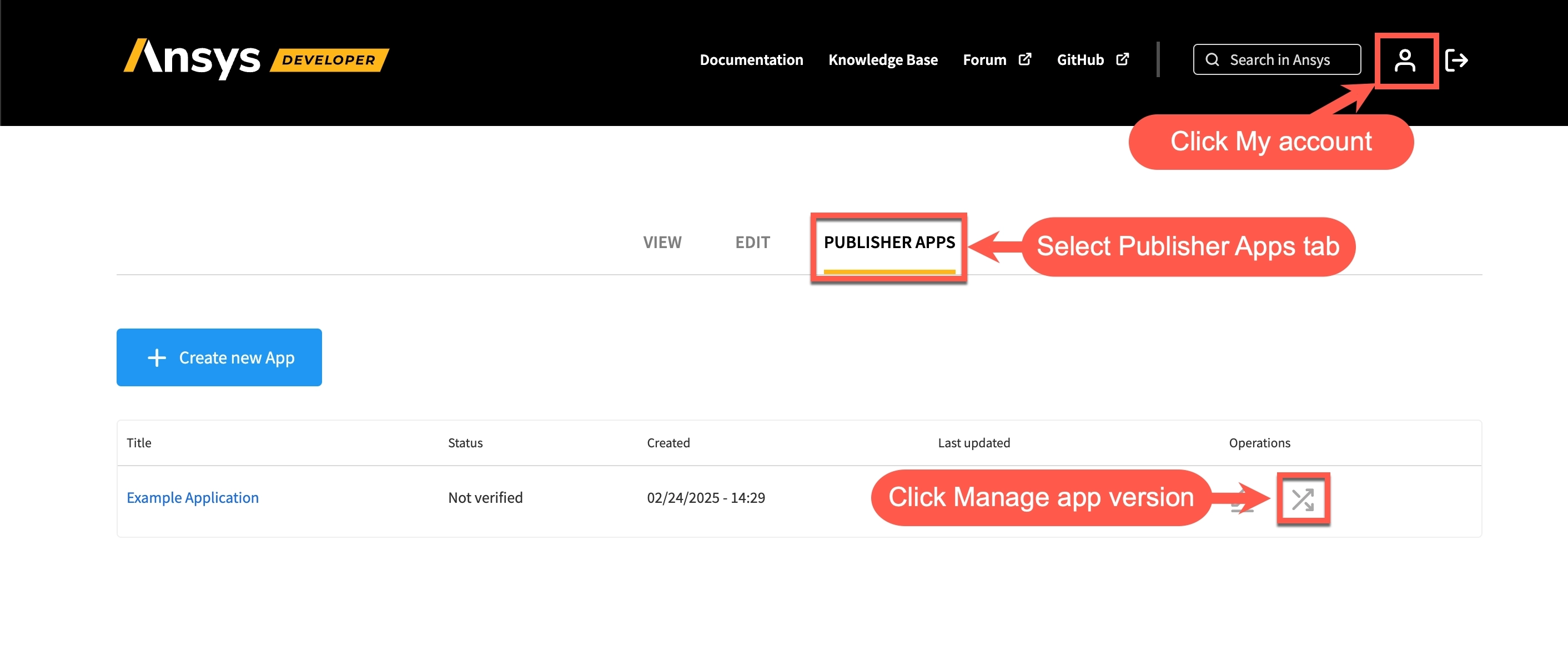 A screenshot of the My account icon, the Publisher Apps tab and the Manage App version button