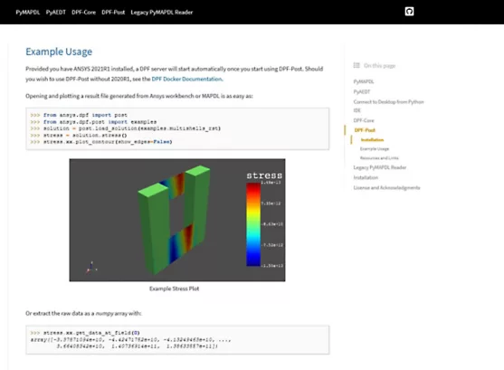 A stress plot example shown on the PyAnsys GitHub documentation site.